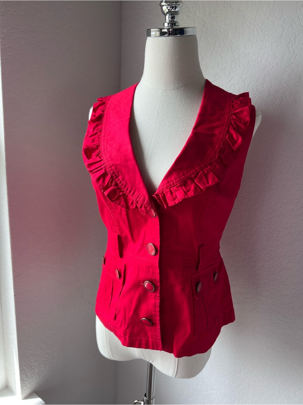 Y2K Red Ruffled V Neck Button Front Vest size XL